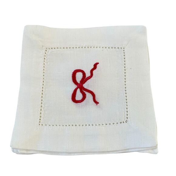 Tiramisu Hand Embroidered Bow Linen Coasters 6x6 Red & White Set of 4 New - Picture 5 of 12